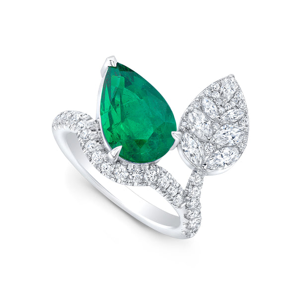 Alexandra Jules Bespoke Pear shaped emerald and diamond ring
