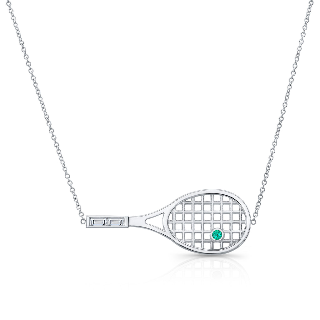 Tennis Racket Necklace with Emerald 18kt white gold bespoke fine