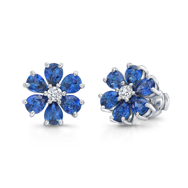 Medium Sapphire and Diamond Flower Earrings