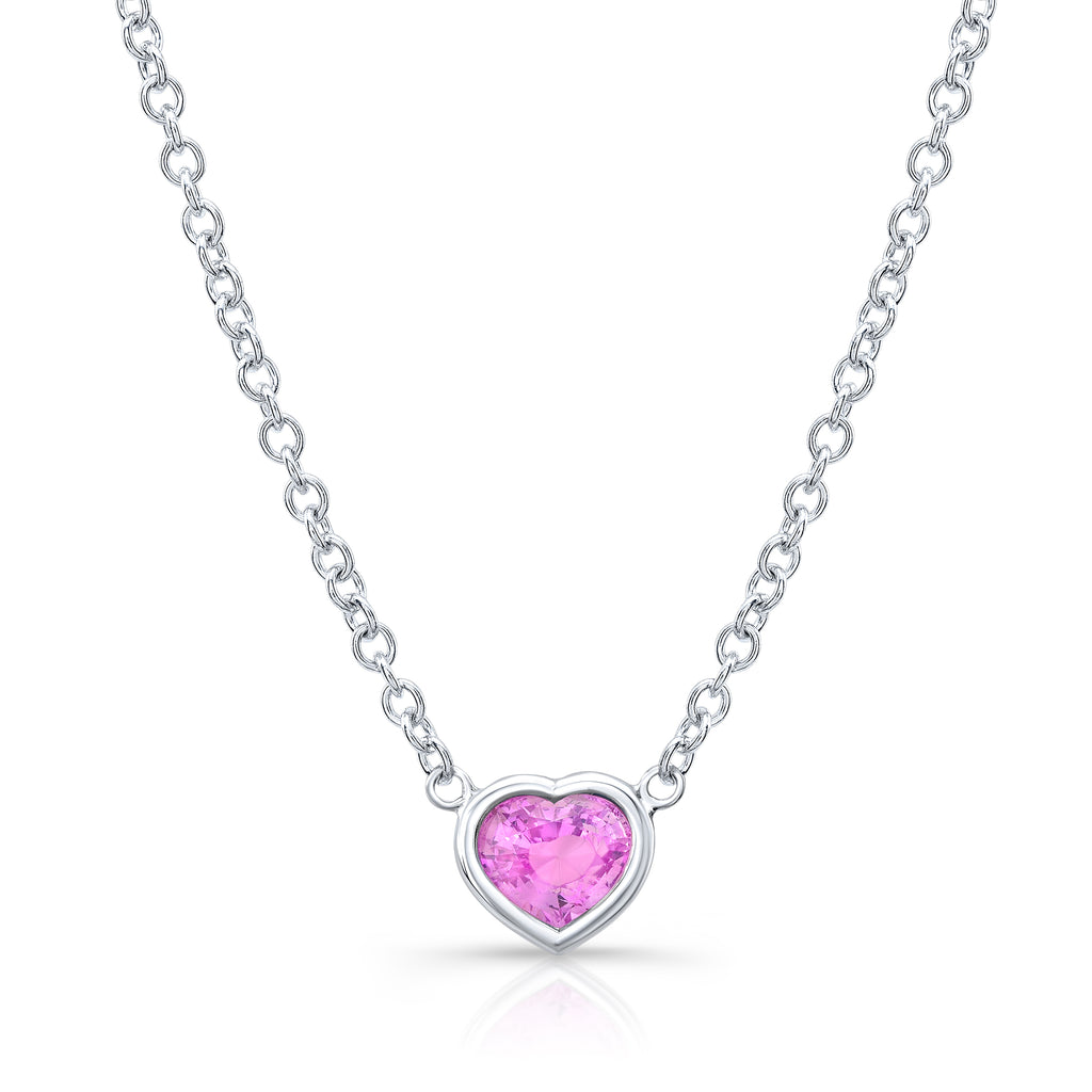 Milgrain Diamond and Pink Sapphire Heart Necklace 14k Gold Pendant